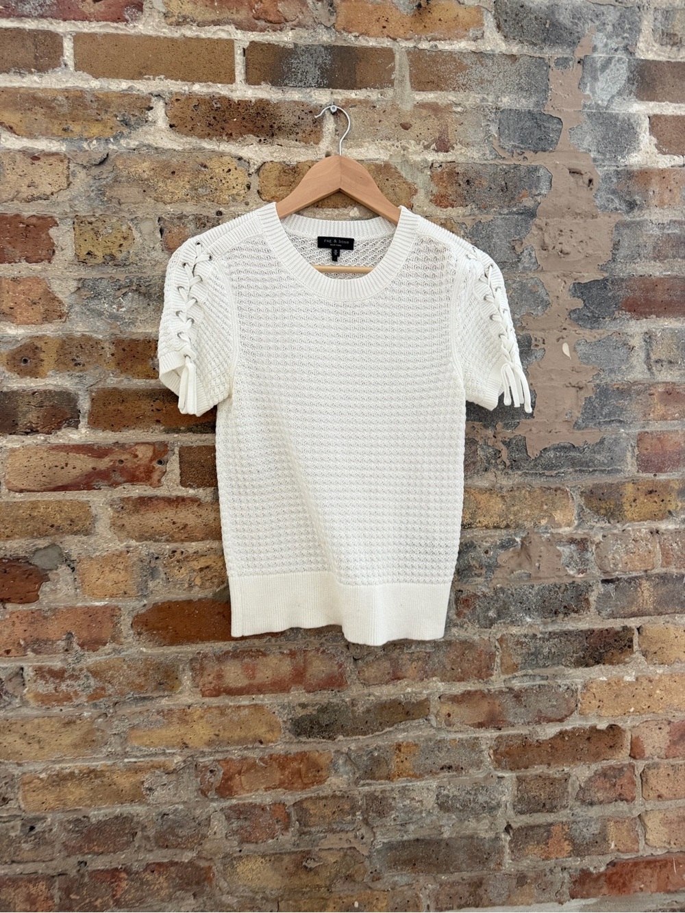 rag & bone Cream Knit Short-Sleeve Lace-Up Sweater